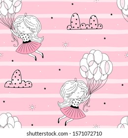 Vector seamless pattern illustration. Cute little girl in pink flying away in the sky with her pink umbrella. Vector funny doodle illustration for girlish designs like textile apparel print, wall art.