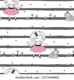 Vector seamless pattern illustration. Cute little french girl in pink and dog. Life is beautiful phrase. Simple minimalistic vector doodle illustration for girls