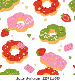 Ilustración de patrón sin fisuras vectorial de donuts lindos de comida asiática mochi