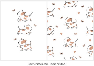 Vector Seamless Pattern and Illustration with Cute Hand Drawn White-Brown Little Puppy. Lovely Repeatable Design with Funny Baby Dogs and Tiny Hearts on a White Background. Sweet Baby Amstaff Print.