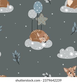 Vector seamless pattern, illustration with cute little deer. Suitable for printing on paper, fabric, scrapbooking.