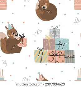 Vector seamless pattern, illustration with cute little squirrels in caps and gifts. Suitable for printing on paper, fabric, scrapbooking or birthday cards.