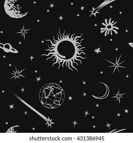 Vector seamless pattern illustration. Cute space: Sun, moon, Earth, stars and meteorite elements for cosmic design.