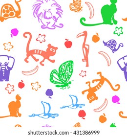 Vector seamless pattern illustration. Cute exotic animals background: funny lion, tiger, monkey, turtle and cat.