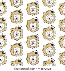 vector seamless pattern with illustration of cute lion heads