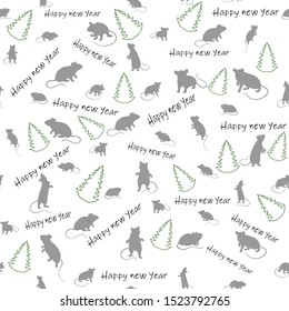 Vector seamless pattern. The illustration depicts mice - a symbol of 2020. And lettering phrases: Happy New Year. Light colors and contours. Can be used for textiles and gift paper.