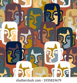 Vector seamless pattern illustration design of abstract lined surreal faces in brown tones. The design is perfect for backgrounds, textures, wrapping paper, textiles