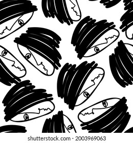 Vector seamless pattern illustration design of abstract black and white lined surreal faces. The design is perfect for backgrounds, textures, wrapping paper, textiles