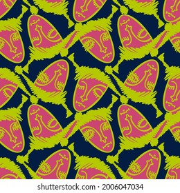 Vector seamless pattern illustration design of abstract lined surreal faces in bright red and green tones. The design is perfect for backgrounds, textures, wrapping paper, textiles