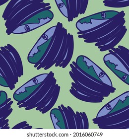Vector seamless pattern illustration design of abstract lined surreal faces in blue tones. The design is perfect for backgrounds, textures, wrapping paper, textiles
