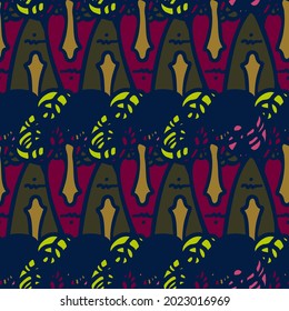 Vector seamless pattern illustration design of abstract lined surreal faces in dark tones. The design is perfect for backgrounds, textures, wrapping paper, textiles