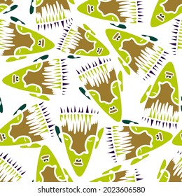 Vector seamless pattern illustration design of abstract lined surreal faces in bright green tones. The design is perfect for backgrounds, textures, wrapping paper, textiles
