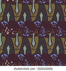 Vector seamless pattern illustration design of abstract lined surreal faces in dark tones. The design is perfect for backgrounds, textures, wrapping paper, textiles