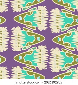Vector seamless pattern illustration design of abstract lined surreal faces in purple and green tones. The design is perfect for backgrounds, textures, wrapping paper, textiles