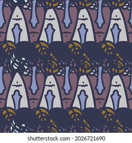 Vector seamless pattern illustration design of abstract lined surreal faces in dark tones. The design is perfect for backgrounds, textures, wrapping paper, textiles
