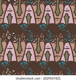 Vector seamless pattern illustration design of abstract lined surreal faces in dark tones. The design is perfect for backgrounds, textures, wrapping paper, textiles