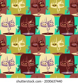 Vector seamless pattern illustration design of abstract lined surreal faces in dark tones. The design is perfect for backgrounds, textures, wrapping paper, textiles
