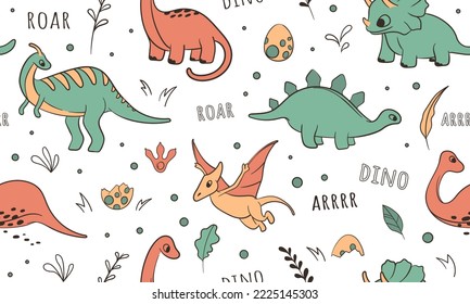 Vector seamless pattern of illustration of dinosaurs in doodle style. Colorful illustration for decoration kids room, fabric design, wrapping paper , book decoration, print.