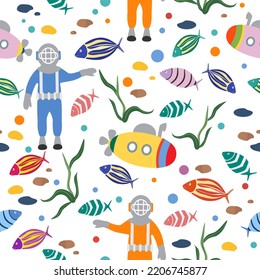 Vector seamless pattern Illustration with diver in an old diving suit, submarine, fish. Childish background for fabric, textile. Sea, ocean, marine backdrop