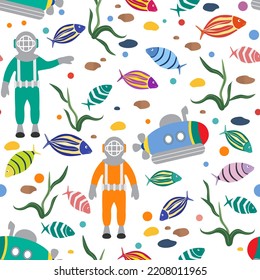 Vector seamless pattern Illustration with diver in an old diving suit, submarine, fish. Childish background for fabric, textile. Sea, ocean, marine backdrop