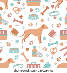 Vector seamless pattern illustration Dog, paw tracks, bone, bowl, collar, comb, medicines, scissors, clippers. Animal background. Pet shop, veterinary clinic, shelter concept Design for fabric, print