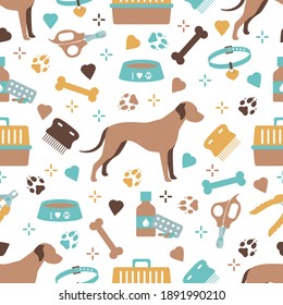 Vector seamless pattern illustration Dog, paw tracks, bone, bowl, collar, comb, medicines, scissors, clippers. Animal background. Pet shop, veterinary clinic, shelter concept Design for fabric, print