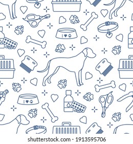 Vector seamless pattern illustration Dog, paw tracks, bone, bowl, collar, comb, medicines, scissors, clippers. Animal background. Pet shop, veterinary clinic, shelter concept Design for fabric, print