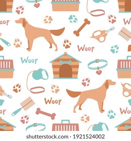 Vector seamless pattern illustration Dog, doghouse, paw tracks, bone, collar, comb, scissors, carrying, leash Animal background Pet shop, vet clinic, shelter concept Design for fabric, print