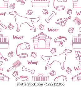 Vector seamless pattern illustration Dog, doghouse, paw tracks, bone, collar, comb, scissors, carrying, leash Woof. Animal background Pet shop, vet clinic, shelter concept Design for fabric, print