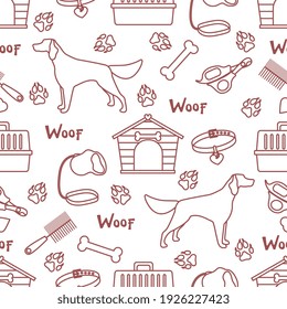 Ilustración de patrón sin fisuras del vector Perro, cetro, vías de la pata, hueso, cuello, peine, tijeras, carga, leash Woof. Fondo animal Tienda de mascotas, clínica veterinaria, concepto de refugio Diseño para tela, impresión