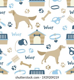 Vector seamless pattern illustration Dog, doghouse, paw tracks, bone, collar, comb, scissors, carrying, leash Animal background Pet shop, vet clinic, shelter concept Design for fabric, print