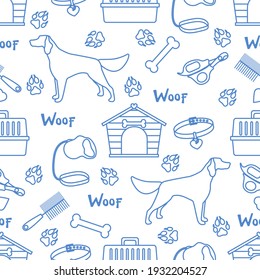Vector seamless pattern illustration Dog, doghouse, paw tracks, bone, collar, comb, scissors, carrying, leash Woof. Animal background Pet shop, vet clinic, shelter concept Design for fabric, print