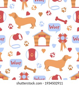 Vector seamless pattern illustration Dog Doghouse Paw tracks Bone Toy Leash Award Prize Woof. Animal background. Pet shop, exhibition, veterinary clinic, shelter concept. Design for fabric print