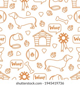 Vector seamless pattern illustration Dog Doghouse Paw tracks Bone Toy Leash Award Prize Woof. Animal background. Pet shop, exhibition, veterinary clinic, shelter concept. Design for fabric print