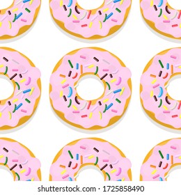 Vector  seamless pattern illustration of donuts in pink glaze  on a white background.