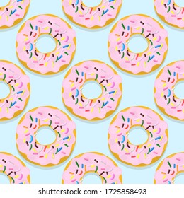 Vector  seamless pattern illustration of donuts in pink glaze  on a light blue background.
