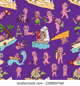 vector seamless pattern illustration Doodle funny little men in the style of Chibi with horns in a variety of situations background is isolated
