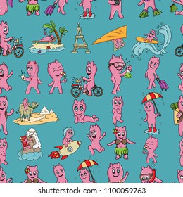 vector seamless pattern illustration Doodle funny little men in the style of Chibi with horns in a variety of situations background is isolated