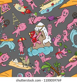vector seamless pattern illustration Doodle funny little men in the style of Chibi with horns in a variety of situations background is isolated