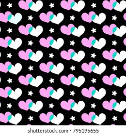 Vector seamless pattern. Illustration of double white and pink hearts on black background. Good for gift wrapping, posters, greeting cards, print clothing design, wallpapers.  Valentines day and party