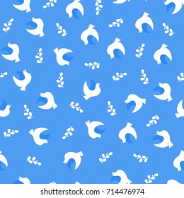 Vector Seamless Pattern. Vector Illustration of Doves and Branches on Blue Background. Can use it for International Day of Peace.