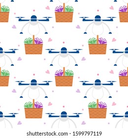 Vector seamless pattern illustration Drone flying through the air and carries gifts on white background. Fast delivery to customer. Future transportation concept. Design for wrapping, fabric, print