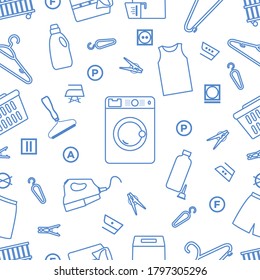 Vector seamless pattern Illustration Dry cleaning, laundry, housekeeping services. Home appliance. Garment washing, launderette. Laundromat service equipment. Restart business in normal operation