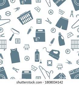 Vector seamless pattern Illustration Dry cleaning, laundry, housekeeping services. Home appliance. Garment washing, launderette. Laundromat service equipment. Restart business in normal operation