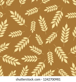 Vector seamless pattern illustration ears of wheat on brown background. Whole grain, organic, for bakery package, bread products. 