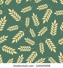 Vector seamless pattern illustration ears of wheat on blue background. Whole grain, organic, for bakery package, bread products. 