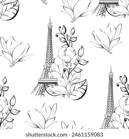 Vector seamless pattern illustration of Eiffel Tower and flower. Magnolia springtime romantic in Paris for poster, greeting card, print with hand drawn. France famous symbol. Black silhouette