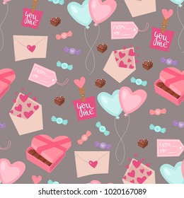 Vector seamless pattern illustration of elements for st. Valentine's day. Isolated on white background for decoration, children's clothing, invitations, greeting cards, scrapbooking, fabric