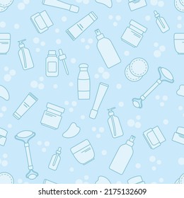Vector Seamless pattern illustration Face skin care. Beauty Routine. Natural organic cosmetic products for skincare, facial massage roller, Gua Sha, moisturizing cream, hygienic products, serum