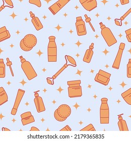Vector Seamless pattern illustration Face skin care. Beauty Routine. Natural organic cosmetic products for skincare, facial massage roller, Gua Sha, moisturizing cream, hygienic products, serum